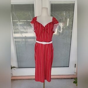 Pinup Couture Red and White Midi Wiggle Dress with Belt